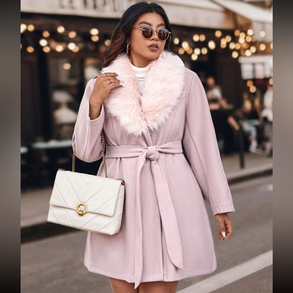 SHEIN Jackets & Blazers - Pink Faux Fur Collar Coat
